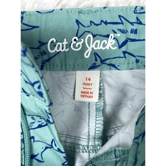 Cat & Jack Boys 14 Husky Quick Dry Button Up Shorts Green Blue Sharks - Picture 6 of 8